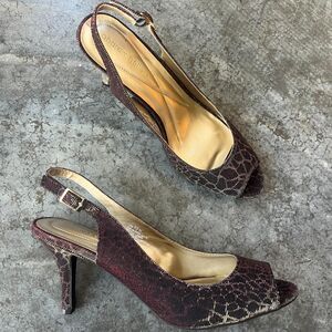 Andrew Geller Metallic Burgundy Animal Print Slingback Peep Toe Heels Size 10M